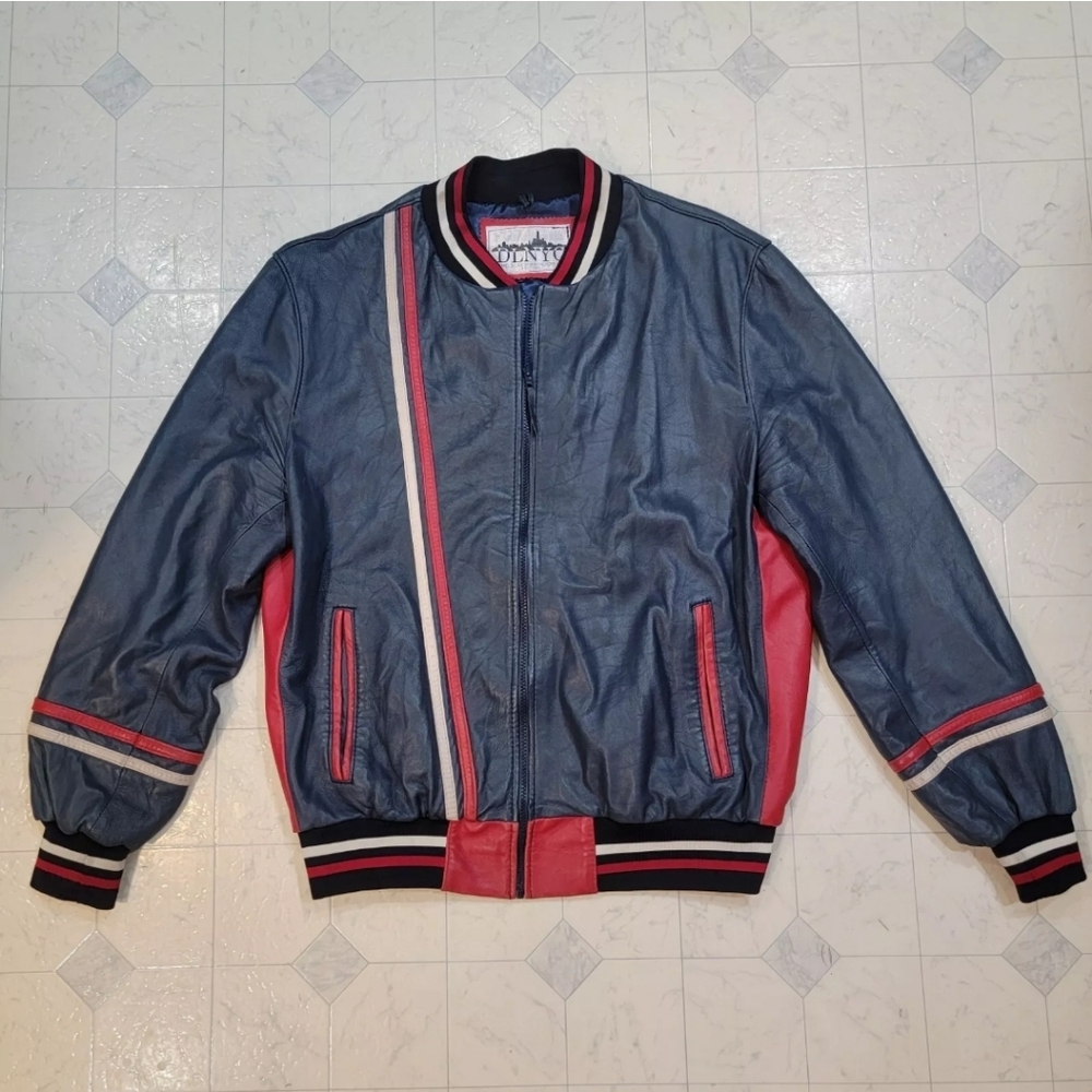 Vintage Daniels Leather DLNYC Leather Jacket Blue W/ Red White Stripes XL?